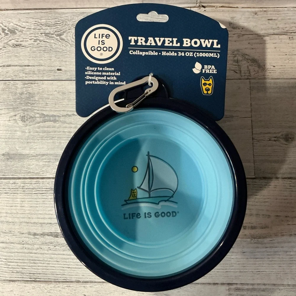 Life is Good Blue Sailboat Collapsible Travel Pet Bowl - 34 oz.